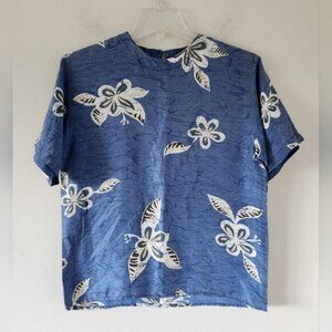 OSCAR DE LA RENTA Expression | Blue Floral 100% Silk Short Sleeve Blouse Size S